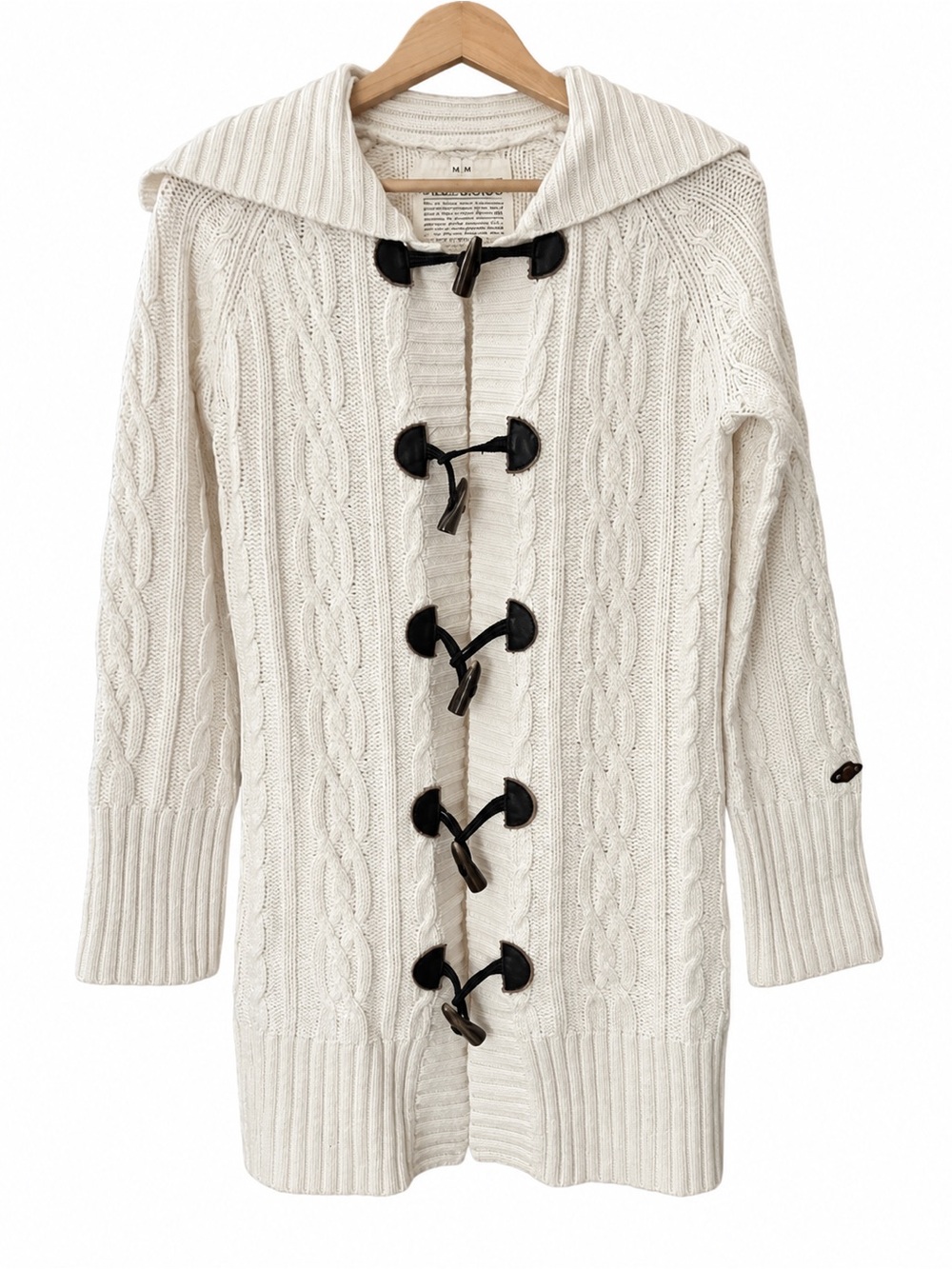 Roots Canada Cream White Cotton Wool Cable Knit Toggle Cardigan Sweater M